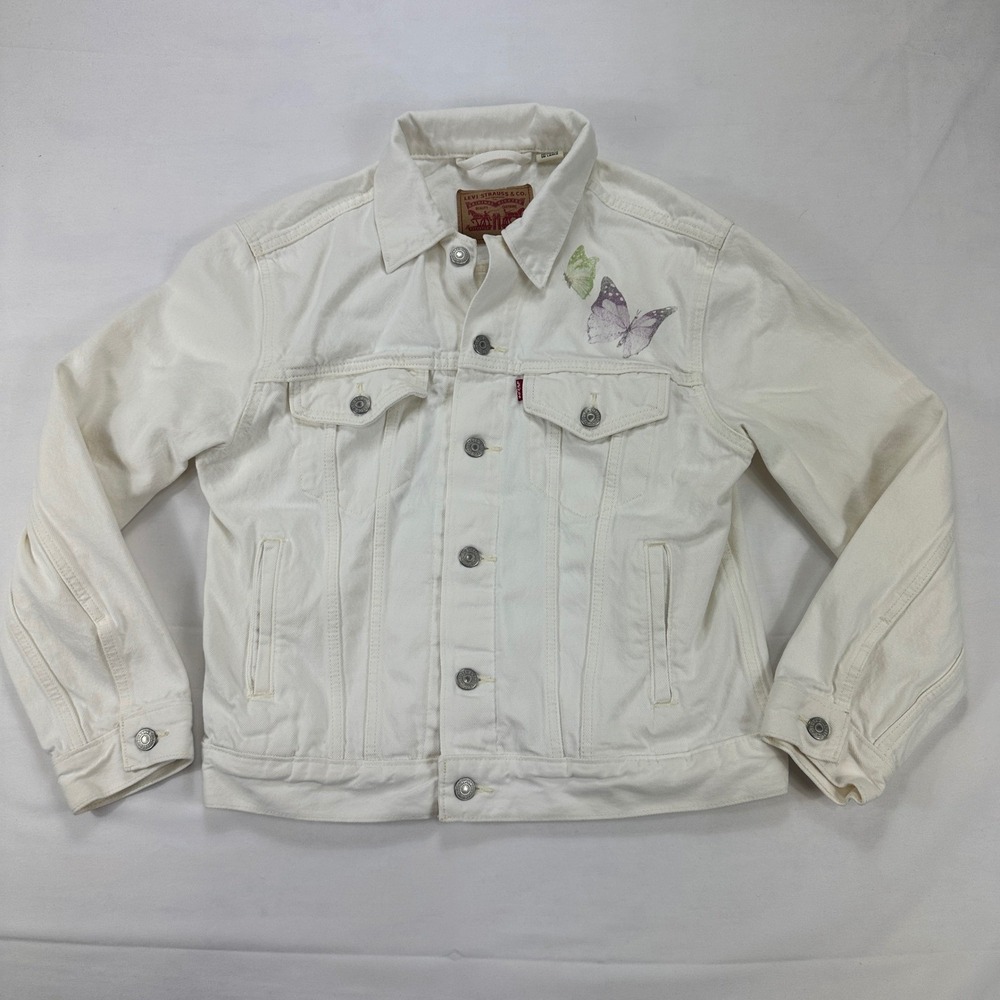 Levi's White Denim Trucker Jacket Small Butterfly Print Women's Casual‎ Jean